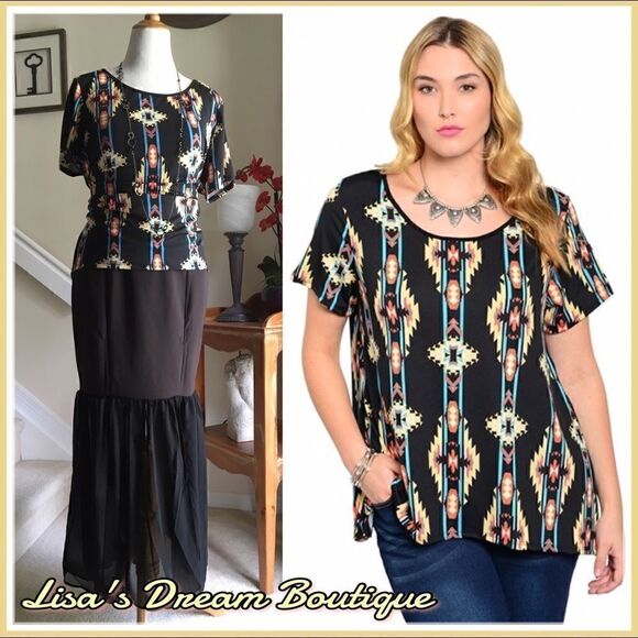 Final Price | Black Aztec Print Print V-Back Plus Top - Picture 1 of 5